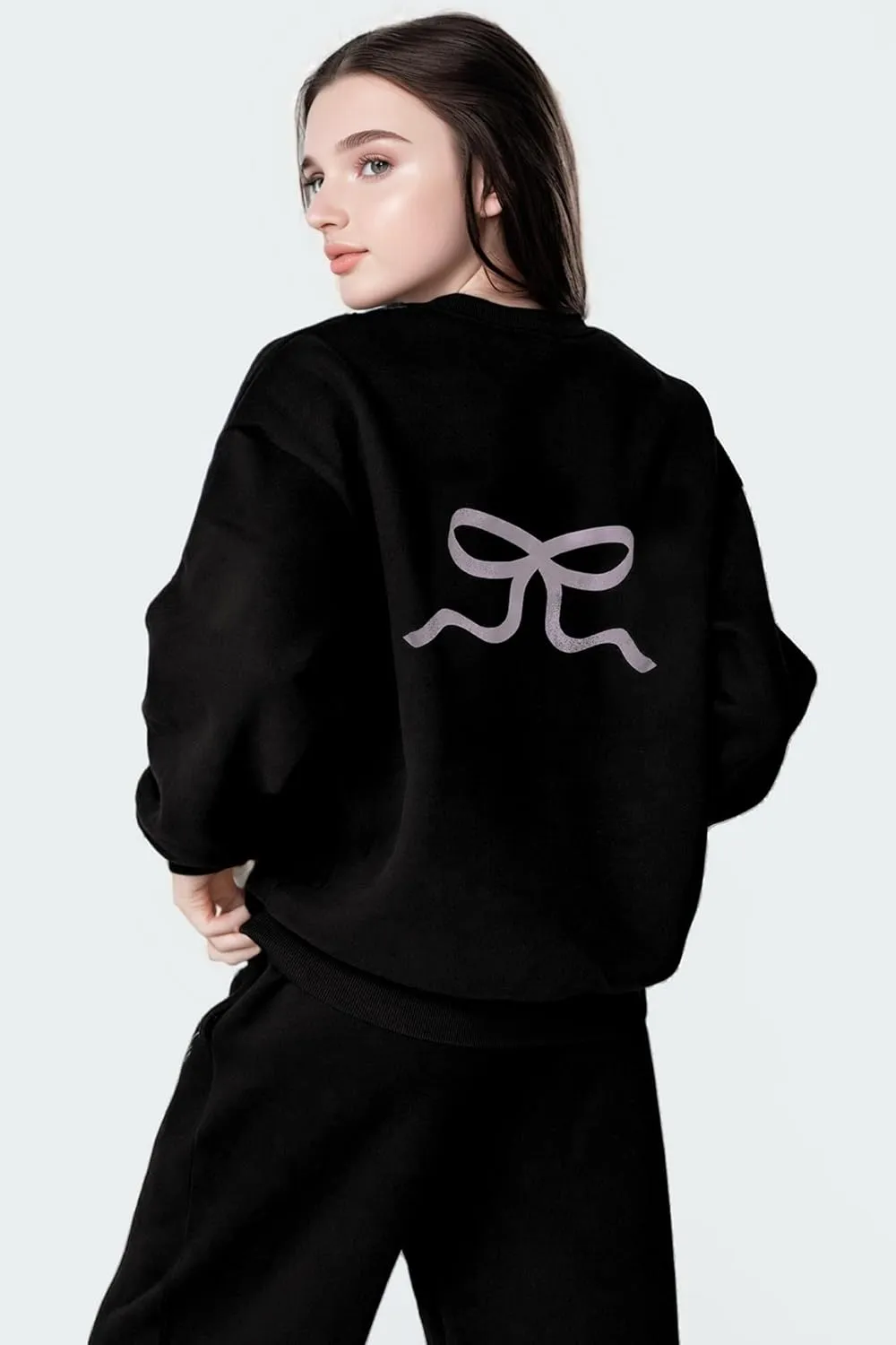Bow Sweater Women Y2K Bow Hoodie Sweatsuit Sets Preppy Flower Embroidery Graphic Puff Print Oversized Hoodie