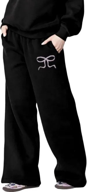 Bow Sweater Women Y2K Bow Hoodie Sweatsuit Sets Preppy Flower Embroidery Graphic Puff Print Oversized Hoodie