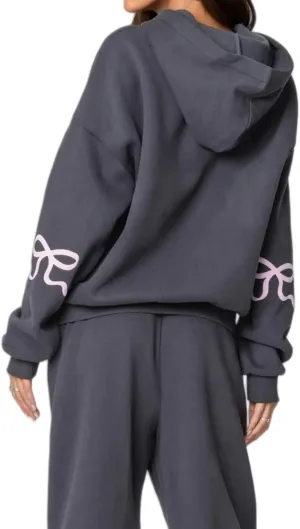 Bow Sweater Women Y2K Bow Hoodie Sweatsuit Sets Preppy Flower Embroidery Graphic Puff Print Oversized Hoodie