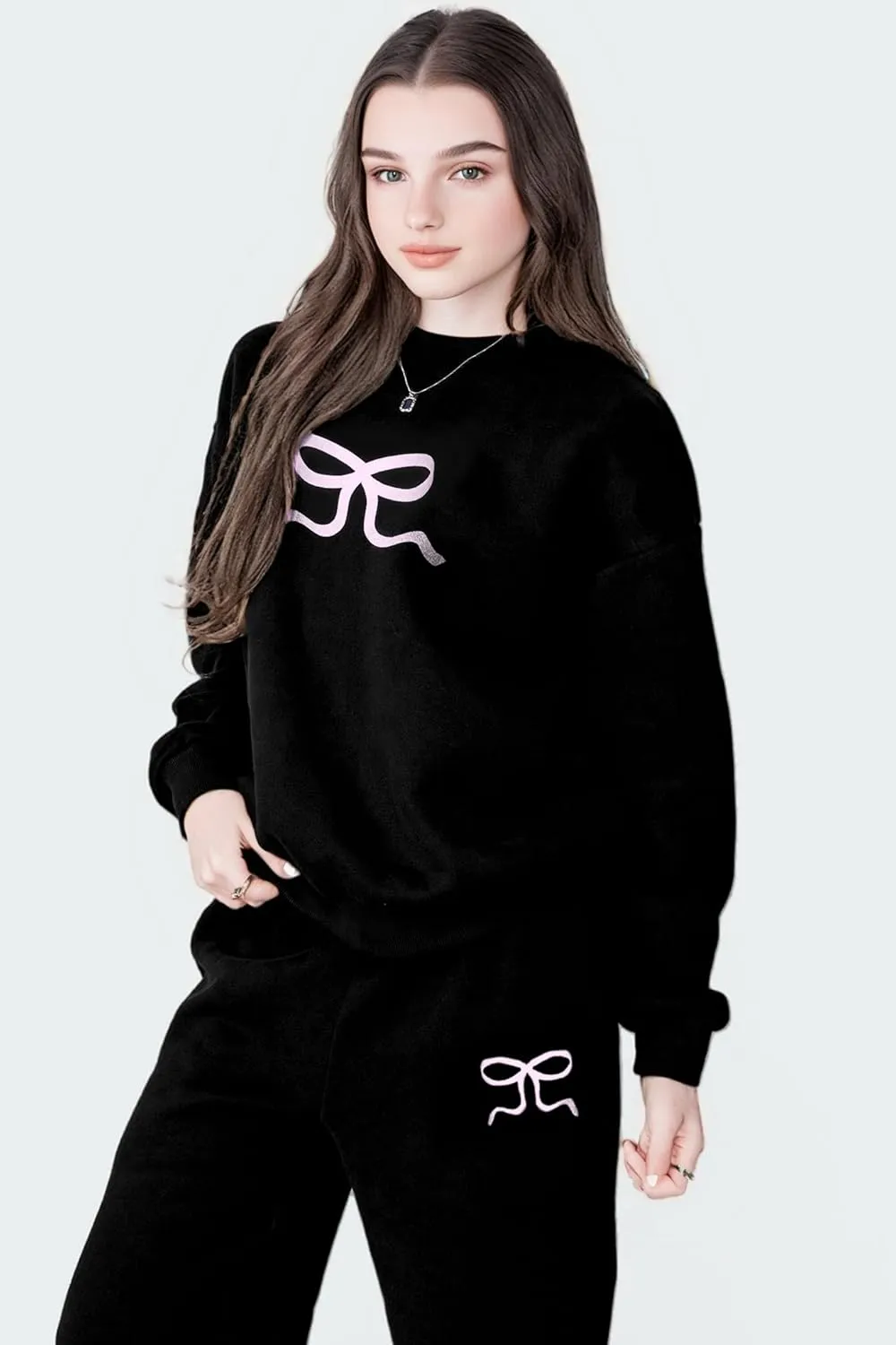 Bow Sweater Women Y2K Bow Hoodie Sweatsuit Sets Preppy Flower Embroidery Graphic Puff Print Oversized Hoodie