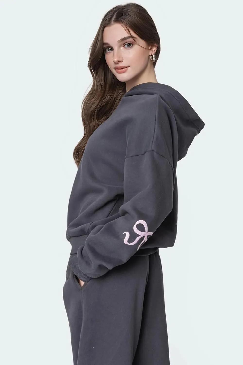 Bow Sweater Women Y2K Bow Hoodie Sweatsuit Sets Preppy Flower Embroidery Graphic Puff Print Oversized Hoodie