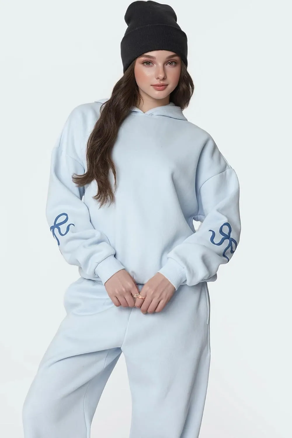 Bow Sweater Women Y2K Bow Hoodie Sweatsuit Sets Preppy Flower Embroidery Graphic Puff Print Oversized Hoodie