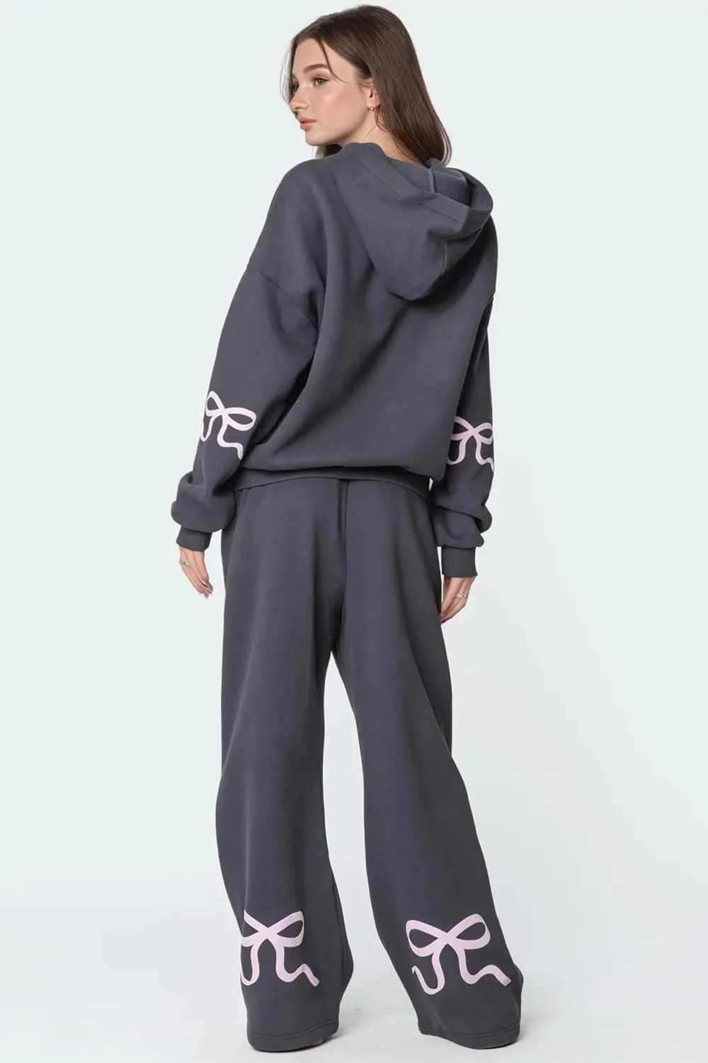 Bow Sweater Women Y2K Bow Hoodie Sweatsuit Sets Preppy Flower Embroidery Graphic Puff Print Oversized Hoodie