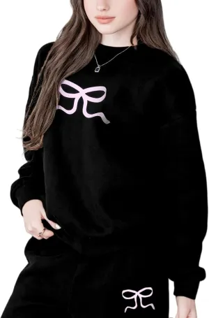 Bow Sweater Women Y2K Bow Hoodie Sweatsuit Sets Preppy Flower Embroidery Graphic Puff Print Oversized Hoodie