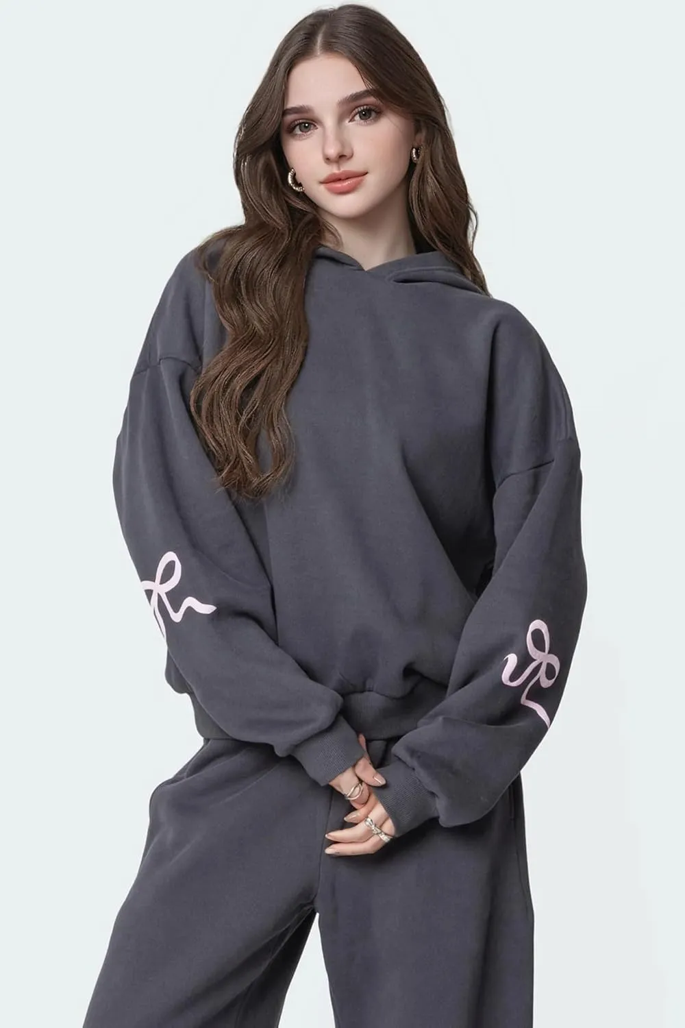 Bow Sweater Women Y2K Bow Hoodie Sweatsuit Sets Preppy Flower Embroidery Graphic Puff Print Oversized Hoodie