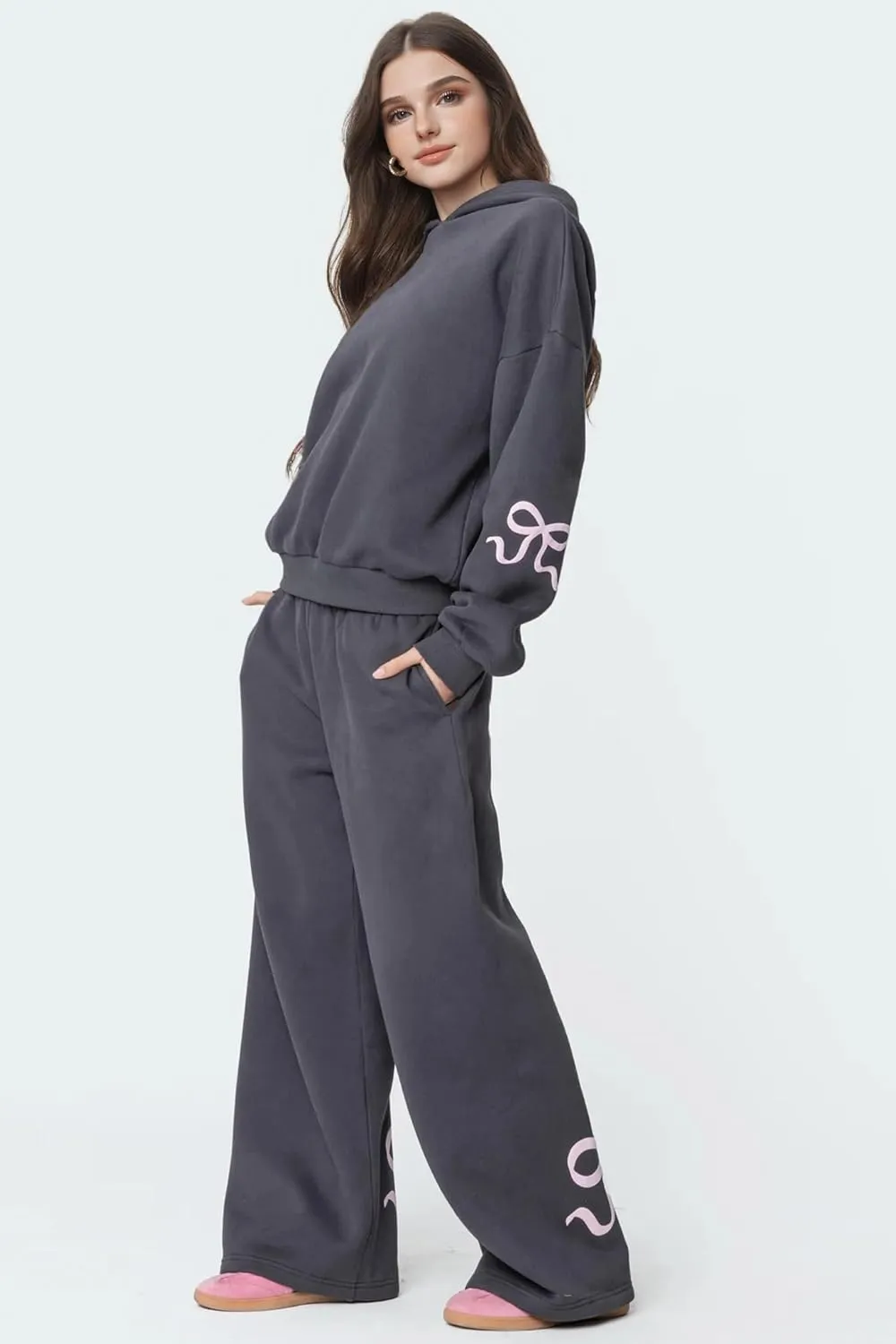 Bow Sweater Women Y2K Bow Hoodie Sweatsuit Sets Preppy Flower Embroidery Graphic Puff Print Oversized Hoodie