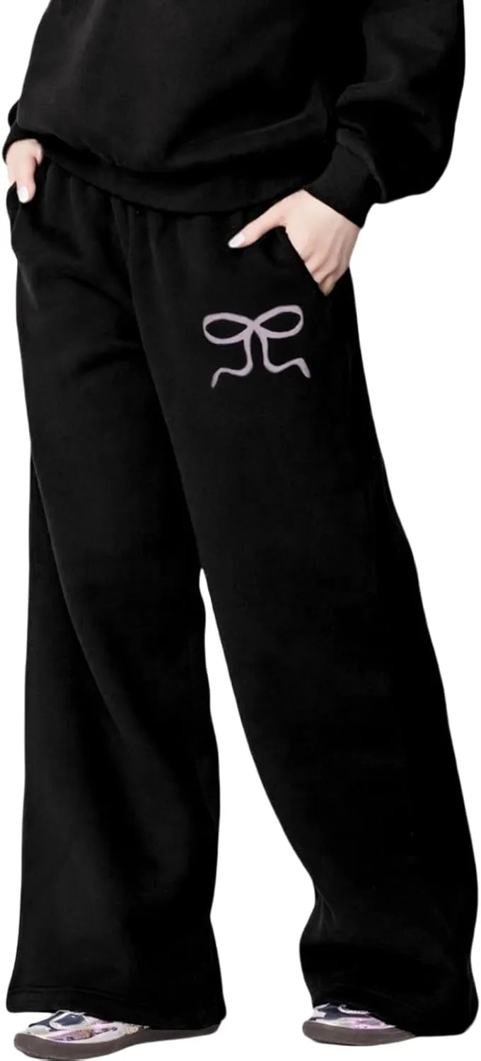 Bow Sweater Women Y2K Bow Hoodie Sweatsuit Sets Preppy Flower Embroidery Graphic Puff Print Oversized Hoodie