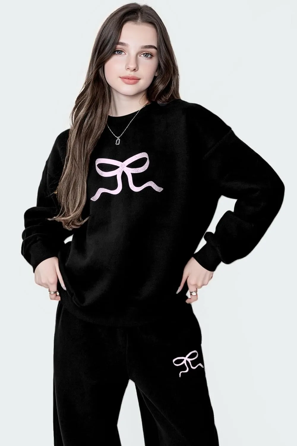 Bow Sweater Women Y2K Bow Hoodie Sweatsuit Sets Preppy Flower Embroidery Graphic Puff Print Oversized Hoodie