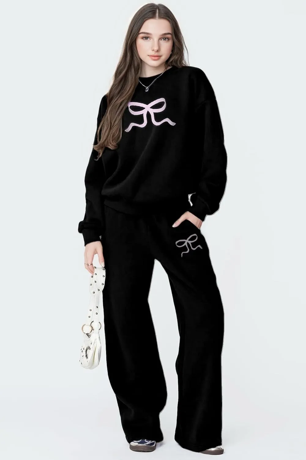 Bow Sweater Women Y2K Bow Hoodie Sweatsuit Sets Preppy Flower Embroidery Graphic Puff Print Oversized Hoodie