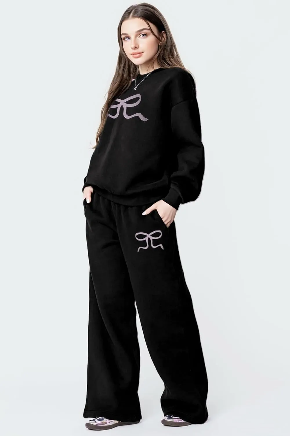 Bow Sweater Women Y2K Bow Hoodie Sweatsuit Sets Preppy Flower Embroidery Graphic Puff Print Oversized Hoodie