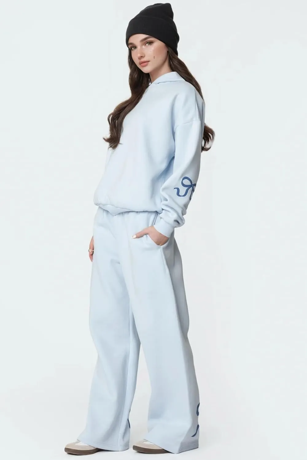 Bow Sweater Women Y2K Bow Hoodie Sweatsuit Sets Preppy Flower Embroidery Graphic Puff Print Oversized Hoodie