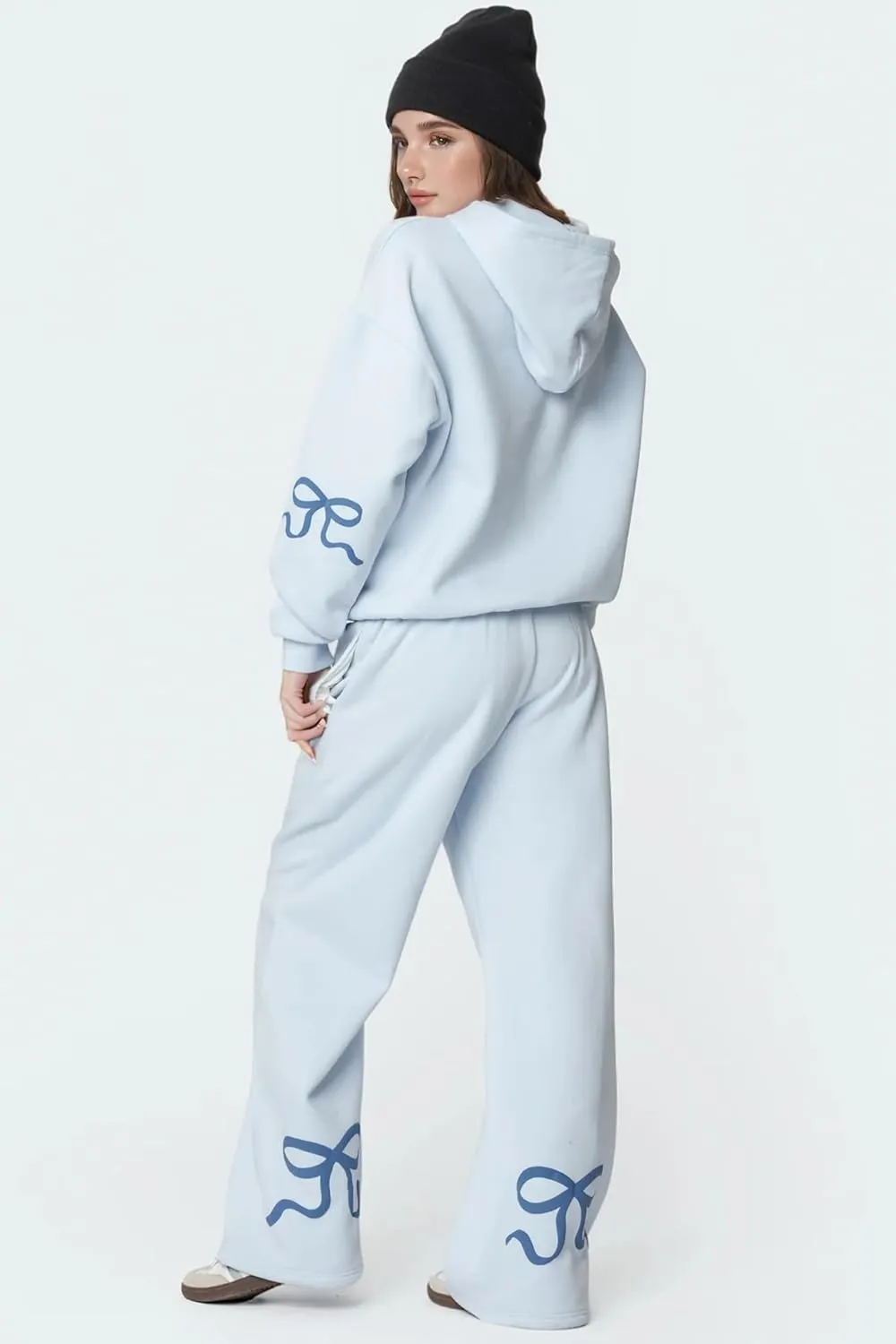 Bow Sweater Women Y2K Bow Hoodie Sweatsuit Sets Preppy Flower Embroidery Graphic Puff Print Oversized Hoodie