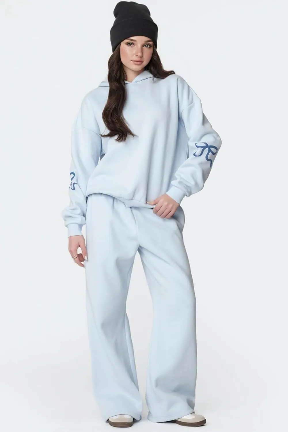 Bow Sweater Women Y2K Bow Hoodie Sweatsuit Sets Preppy Flower Embroidery Graphic Puff Print Oversized Hoodie