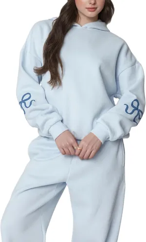 Bow Sweater Women Y2K Bow Hoodie Sweatsuit Sets Preppy Flower Embroidery Graphic Puff Print Oversized Hoodie