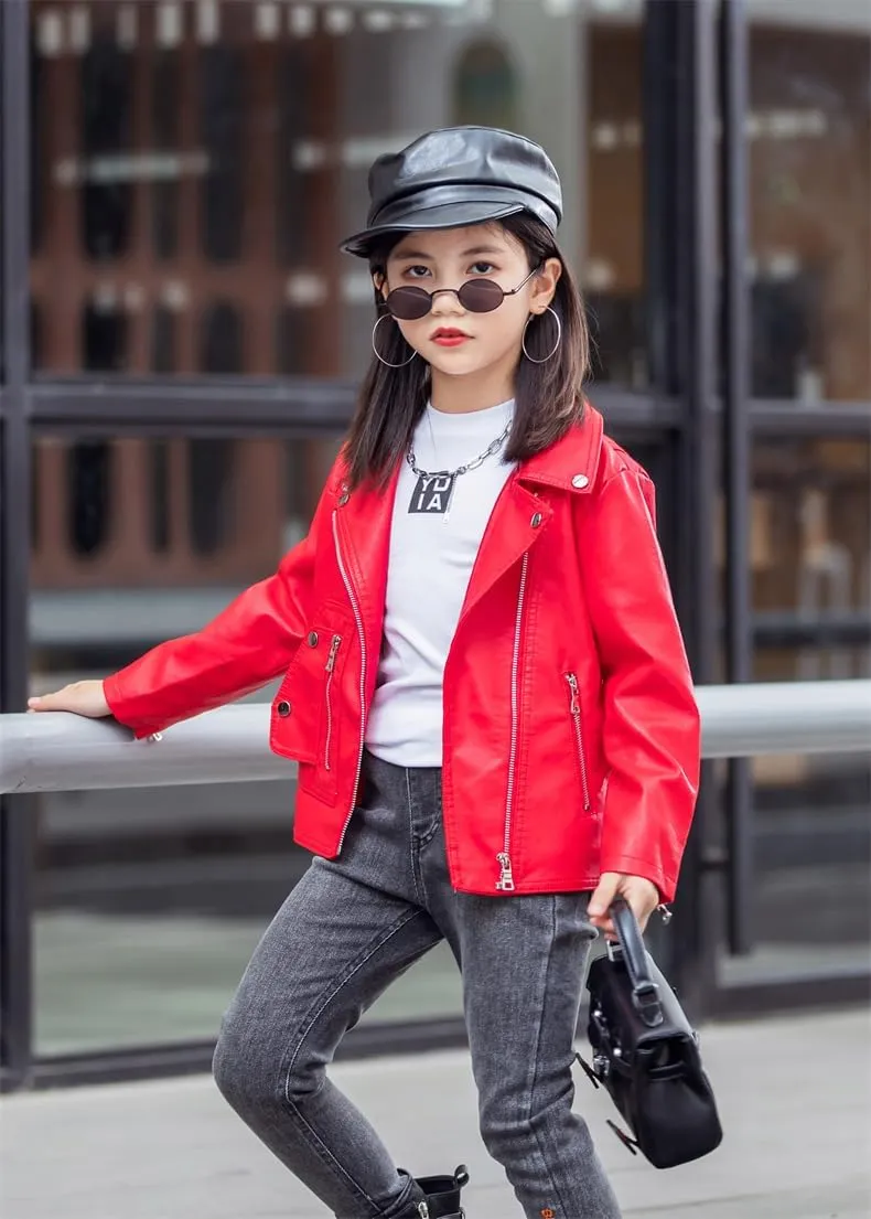 Boys Girls Trendy Stand Collar PU Leather Moto Jacket Leather Top Coat 3-12Years