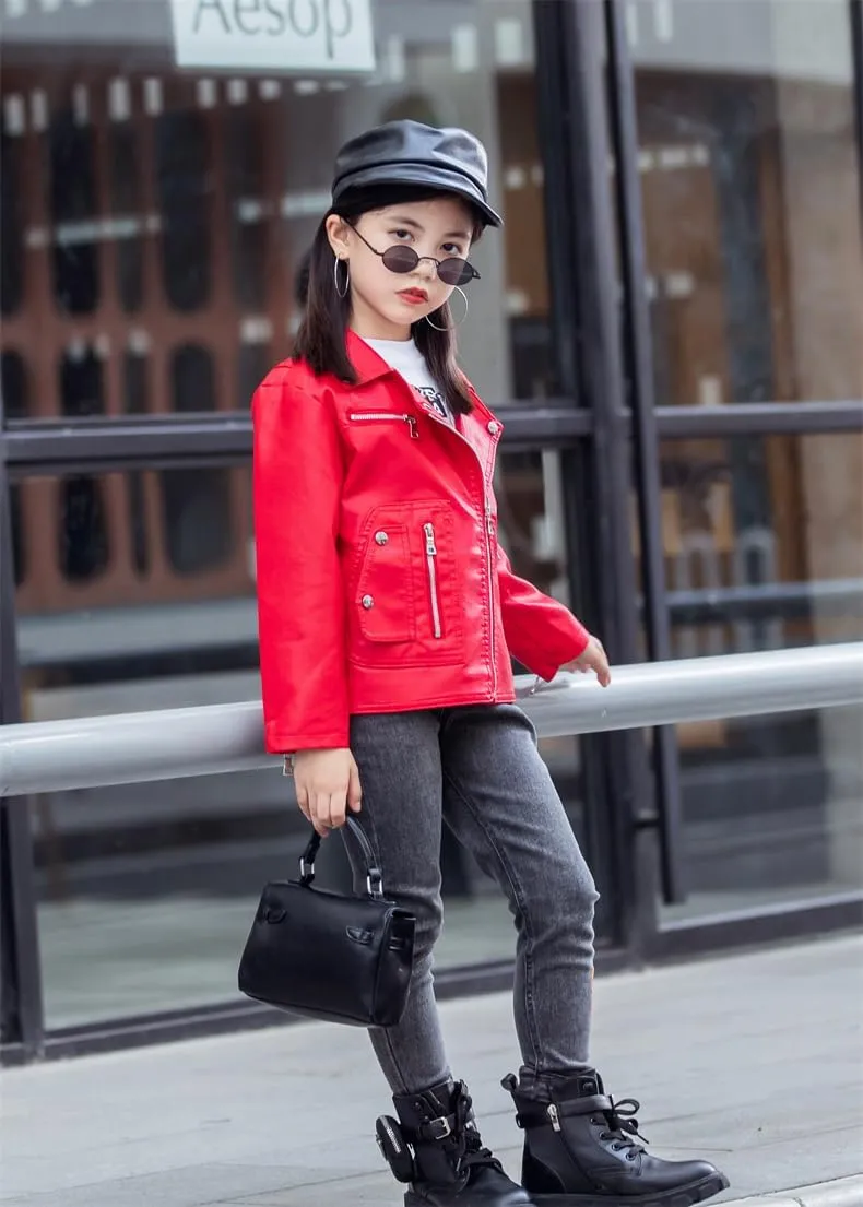 Boys Girls Trendy Stand Collar PU Leather Moto Jacket Leather Top Coat 3-12Years