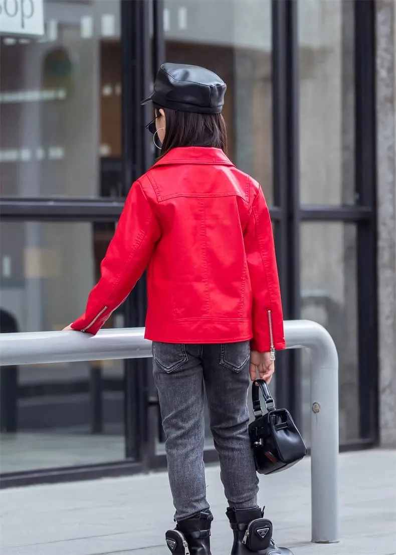 Boys Girls Trendy Stand Collar PU Leather Moto Jacket Leather Top Coat 3-12Years