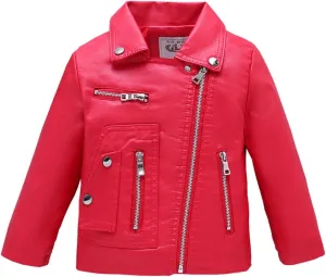 Boys Girls Trendy Stand Collar PU Leather Moto Jacket Leather Top Coat 3-12Years