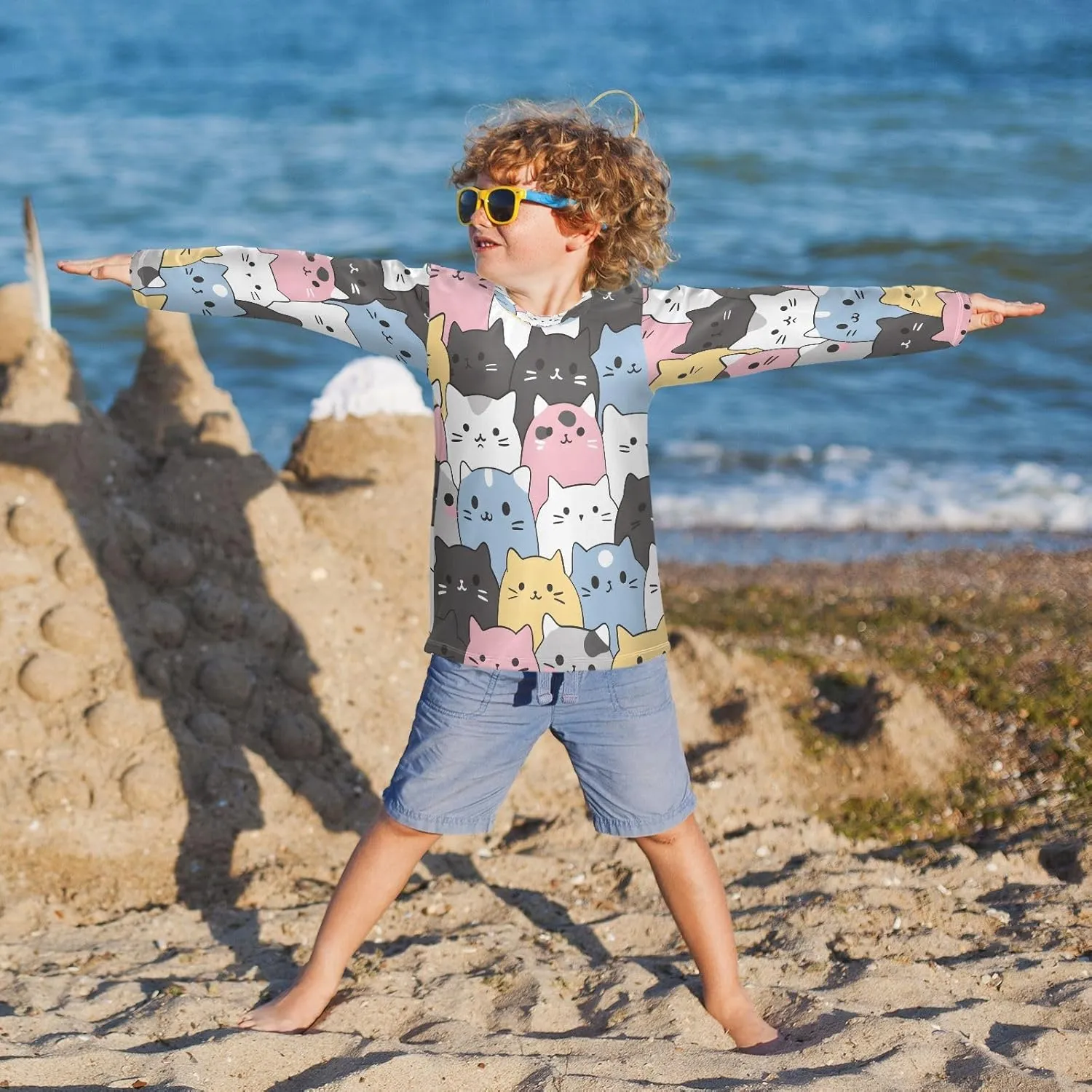 Boys Rash Guard Swim Shirt Long Sleeve UPF  50 Sun Shirts Quick Dry Shirt Cats in The Style of Sanrio for Toddler Kids