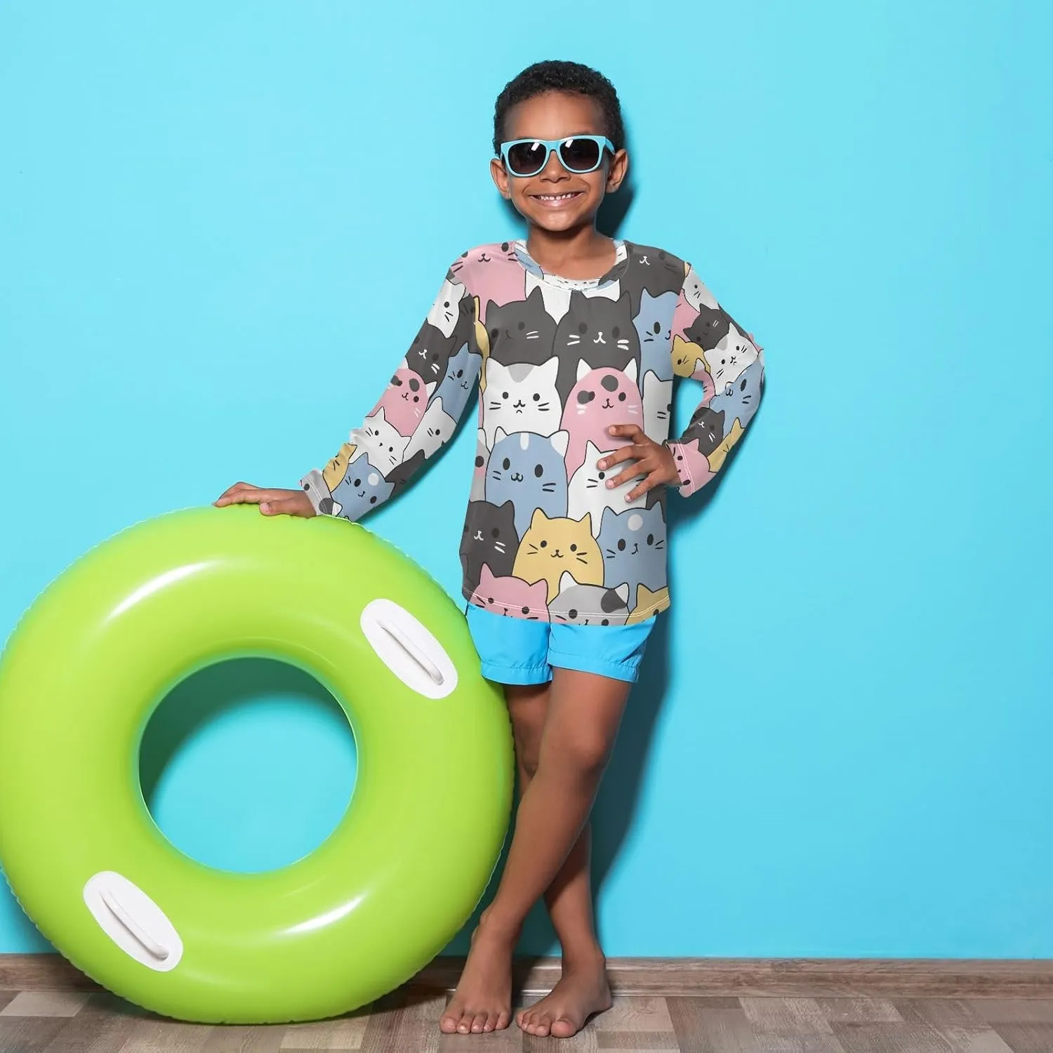 Boys Rash Guard Swim Shirt Long Sleeve UPF  50 Sun Shirts Quick Dry Shirt Cats in The Style of Sanrio for Toddler Kids