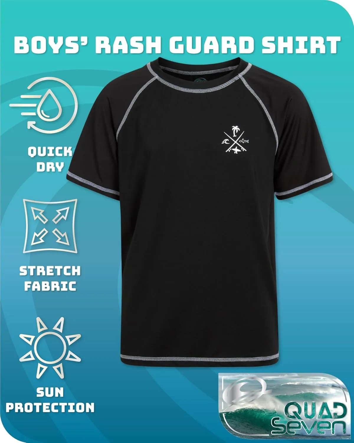Boys Swim Shirt - Quick Dry Sun Protection Short Sleeve Rash Guard for Boys Surf Youth Kids Swimwear (Sizes: 5-18)