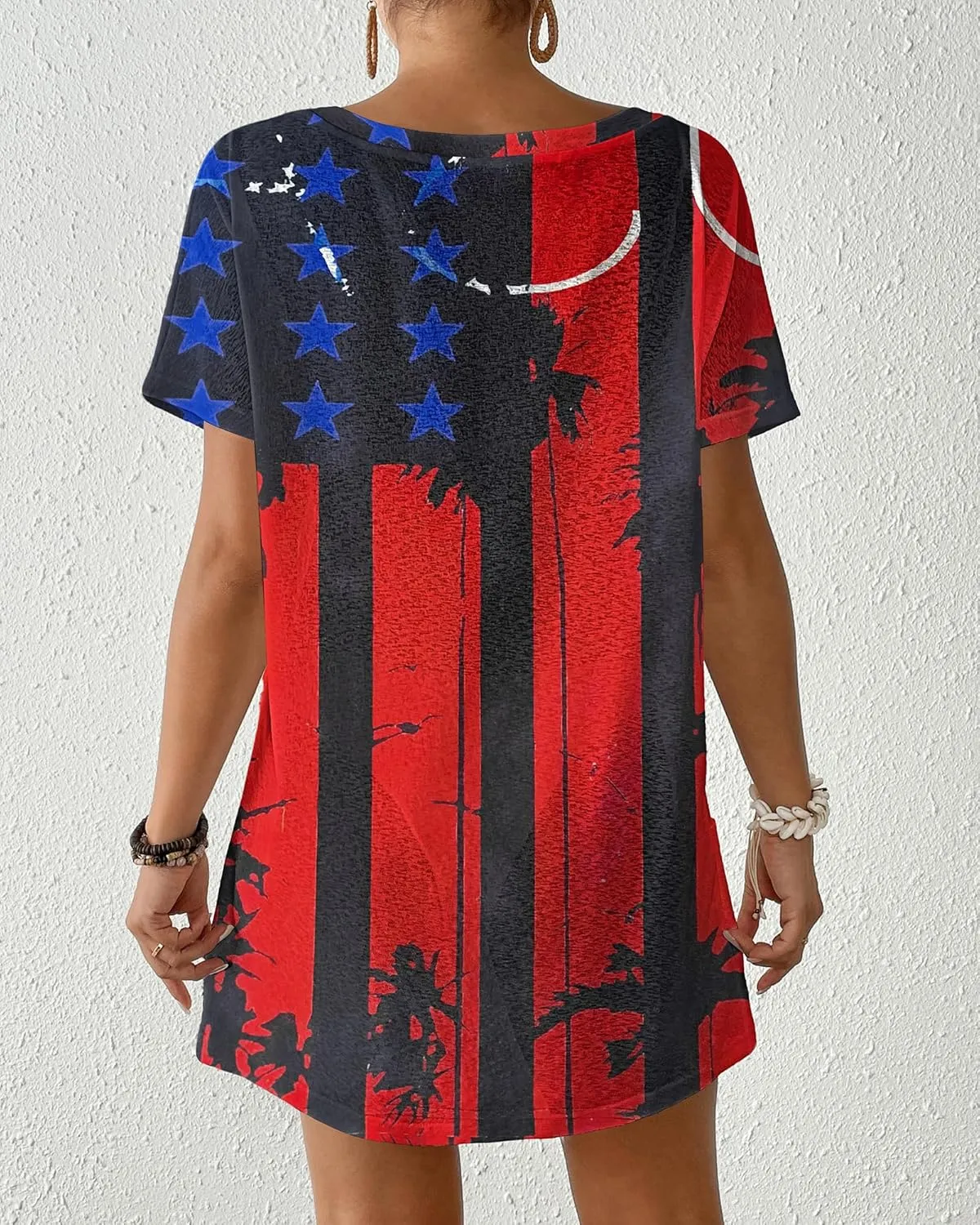 Bsubseach Womens Patriotic American Flag Swim Cover Up 4th July BeachDress Short Sleeve Midi Pockets Pool Party Stars&Stripes