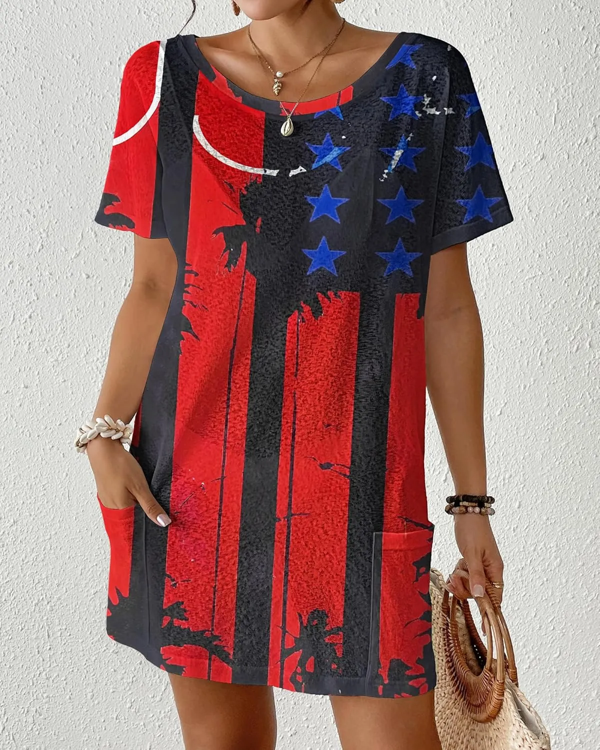 Bsubseach Womens Patriotic American Flag Swim Cover Up 4th July BeachDress Short Sleeve Midi Pockets Pool Party Stars&Stripes