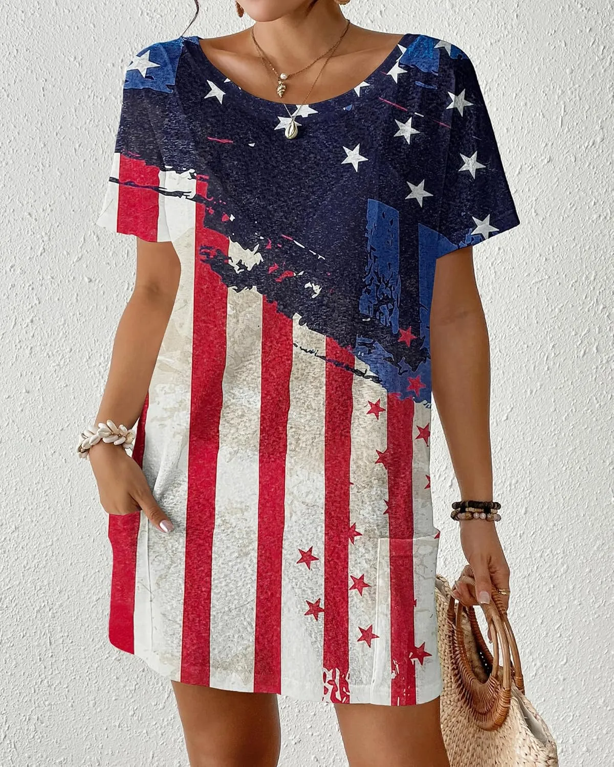 Bsubseach Womens Patriotic American Flag Swim Cover Up 4th July BeachDress Short Sleeve Midi Pockets Pool Party Stars&Stripes