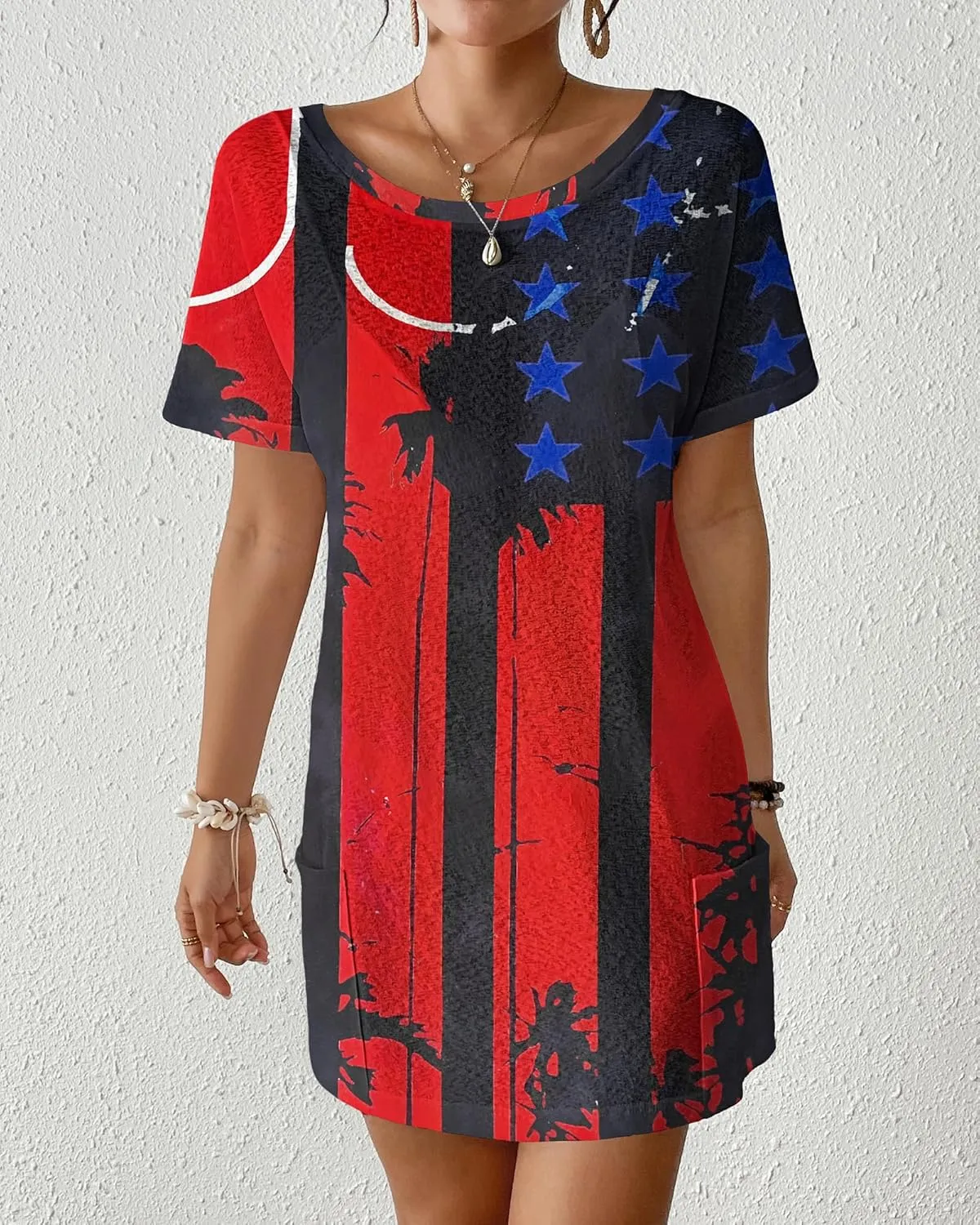 Bsubseach Womens Patriotic American Flag Swim Cover Up 4th July BeachDress Short Sleeve Midi Pockets Pool Party Stars&Stripes