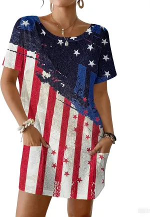 Bsubseach Womens Patriotic American Flag Swim Cover Up 4th July BeachDress Short Sleeve Midi Pockets Pool Party Stars&Stripes