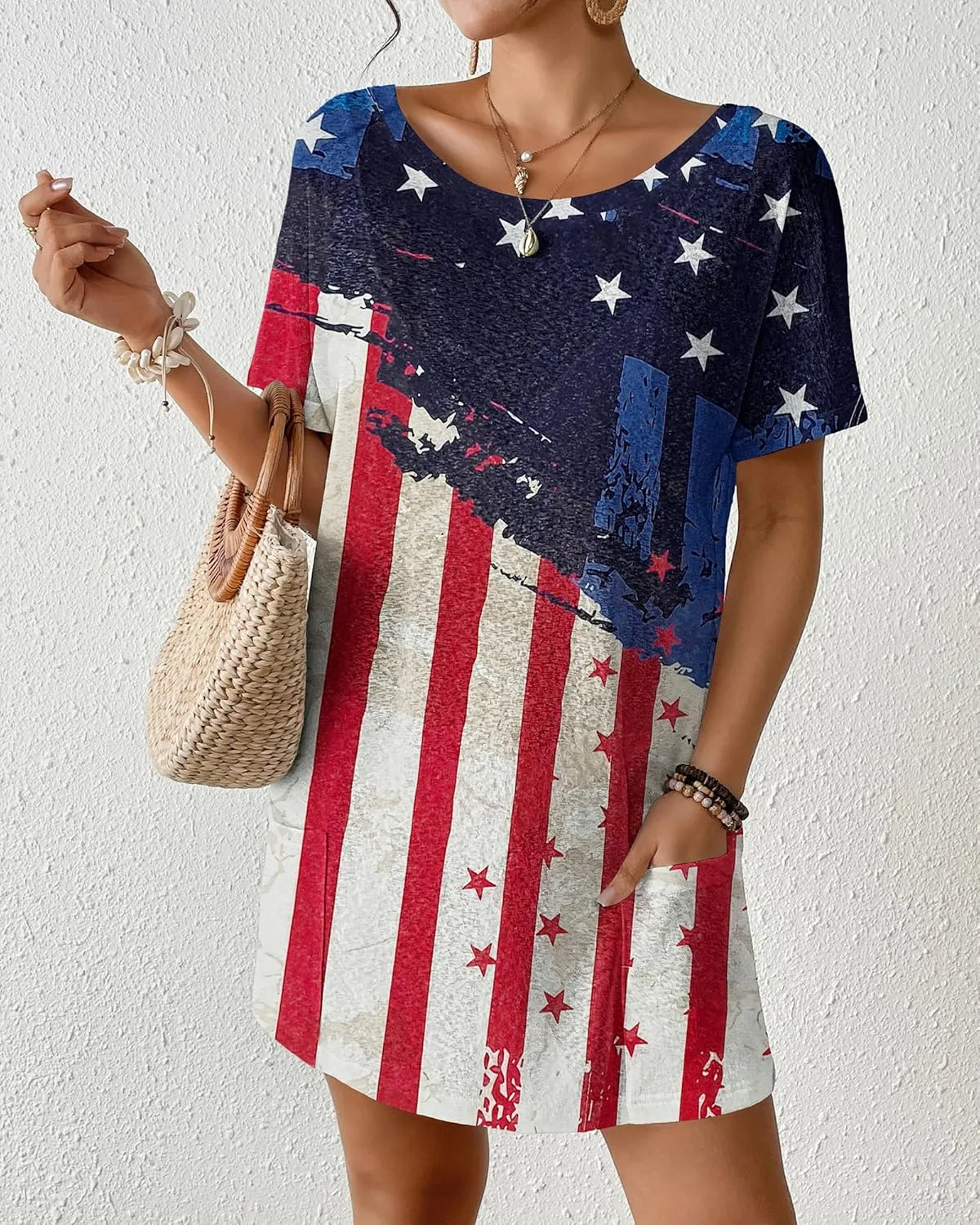 Bsubseach Womens Patriotic American Flag Swim Cover Up 4th July BeachDress Short Sleeve Midi Pockets Pool Party Stars&Stripes
