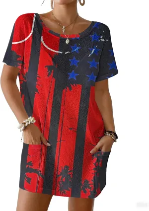 Bsubseach Womens Patriotic American Flag Swim Cover Up 4th July BeachDress Short Sleeve Midi Pockets Pool Party Stars&Stripes