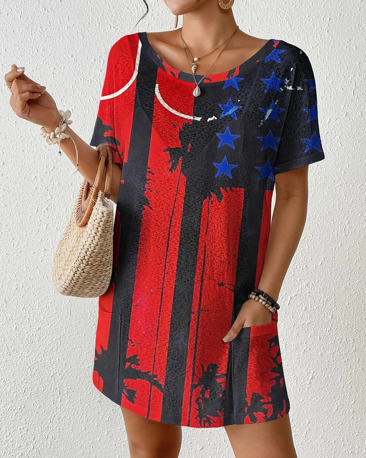 Bsubseach Womens Patriotic American Flag Swim Cover Up 4th July BeachDress Short Sleeve Midi Pockets Pool Party Stars&Stripes