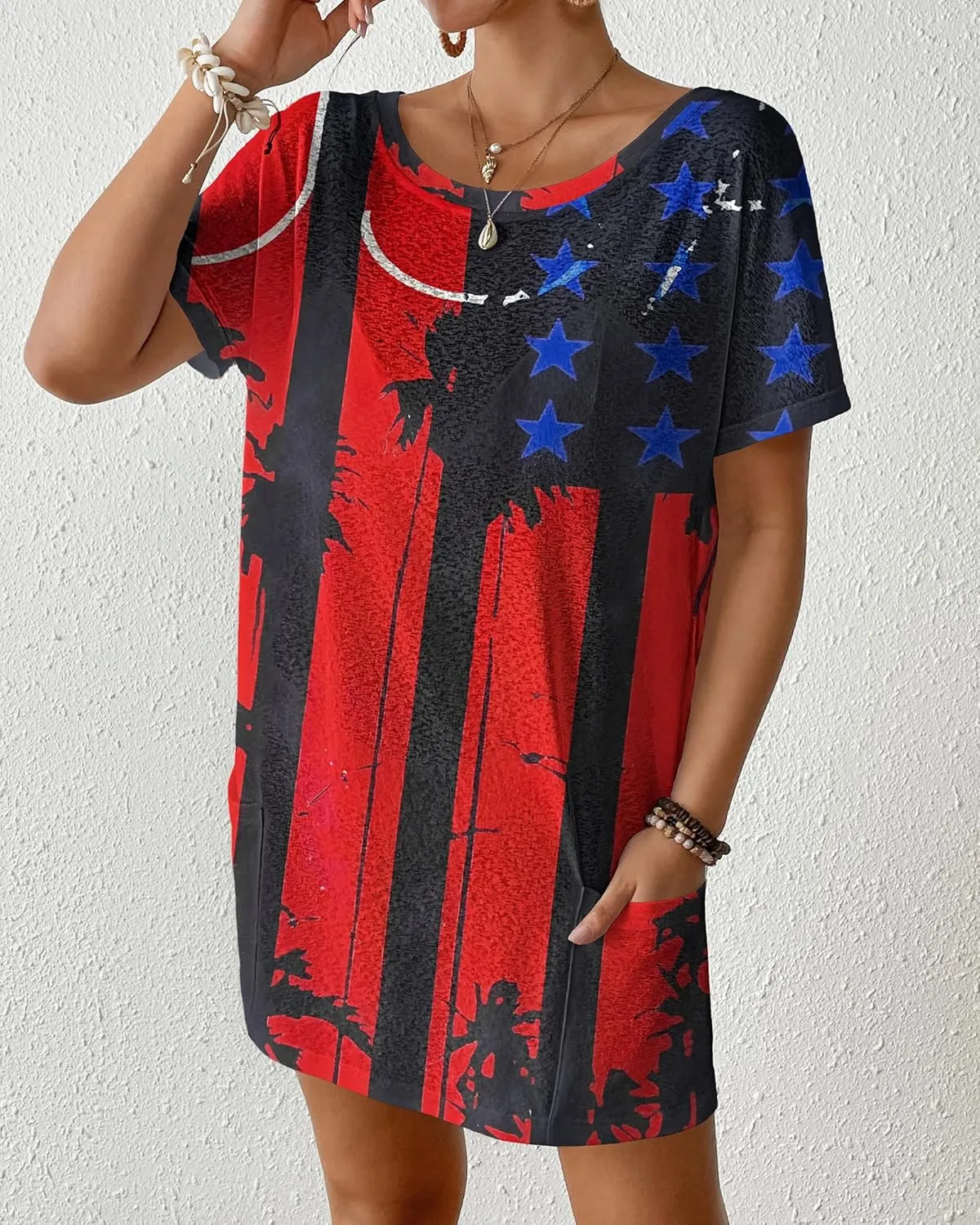 Bsubseach Womens Patriotic American Flag Swim Cover Up 4th July BeachDress Short Sleeve Midi Pockets Pool Party Stars&Stripes