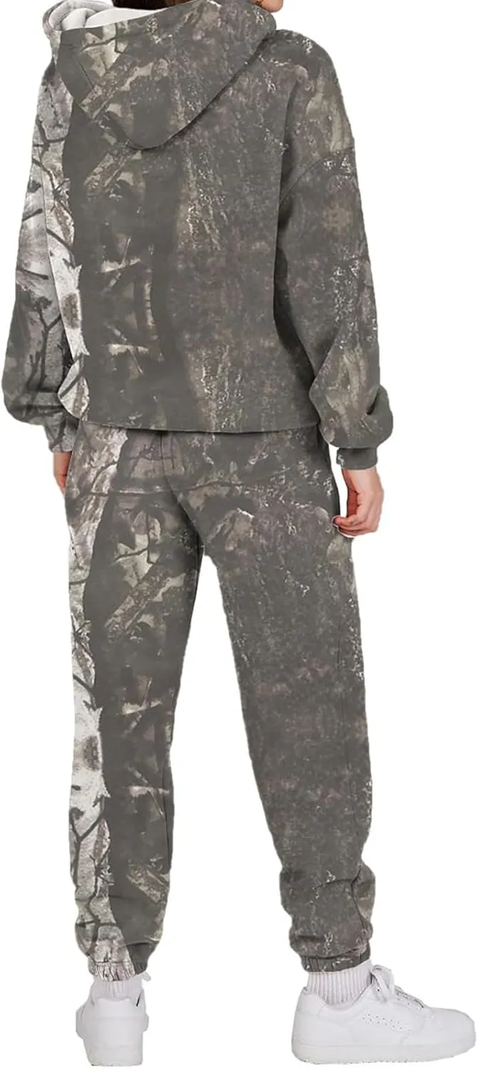 Camo Sweat Set for Women 2 Piece Hoodie Sets Maple Leaf Print Oversized Sweatshirt Sweatpants Fall Outfits