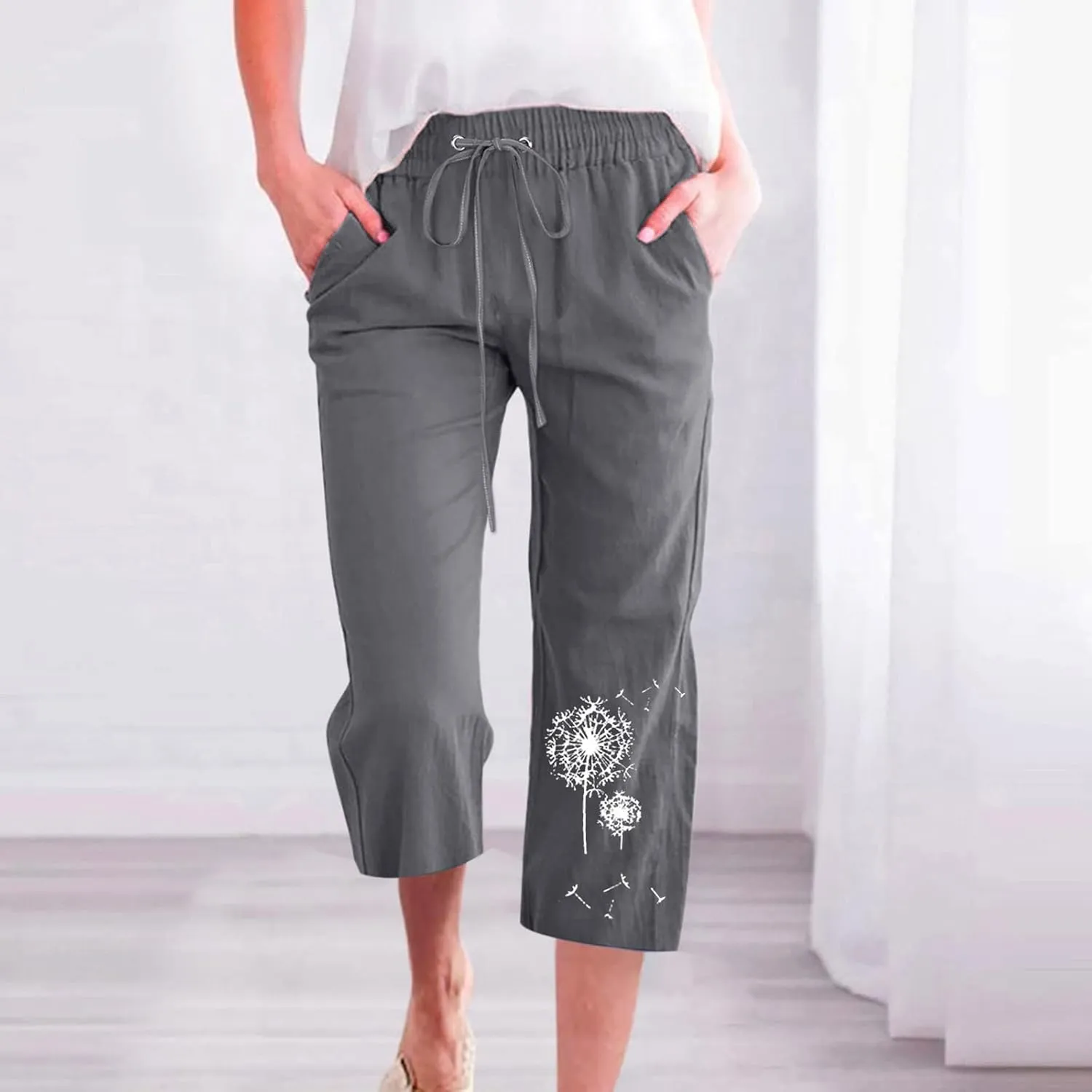 Capri Pants for Women Casual 2024 Summer High Waist Drawstring Linen Pant Loose Lightweight Crop Trousers with Pocket