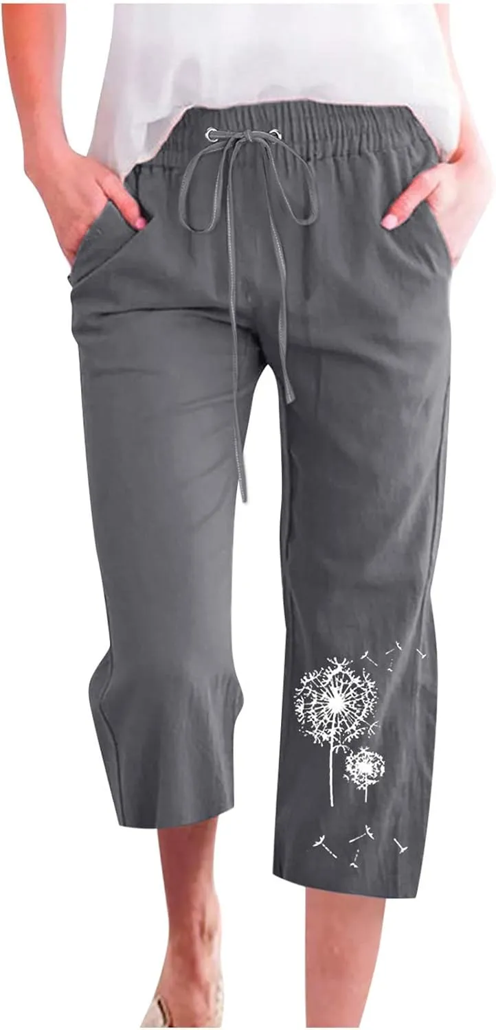 Capri Pants for Women Casual 2024 Summer High Waist Drawstring Linen Pant Loose Lightweight Crop Trousers with Pocket
