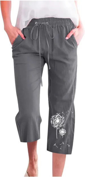 Capri Pants for Women Casual 2024 Summer High Waist Drawstring Linen Pant Loose Lightweight Crop Trousers with Pocket