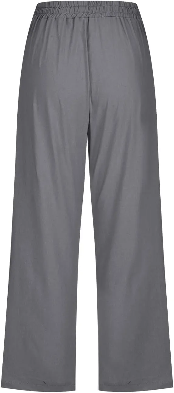 Capri Pants for Women Casual 2024 Summer High Waist Drawstring Linen Pant Loose Lightweight Crop Trousers with Pocket