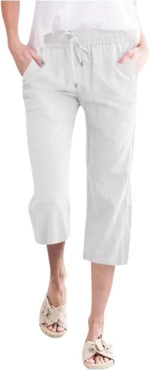 Capri Pants for Women Casual Summer Cotton Linen Pant Beach Trendy Straight Leg Cropped Trouser
