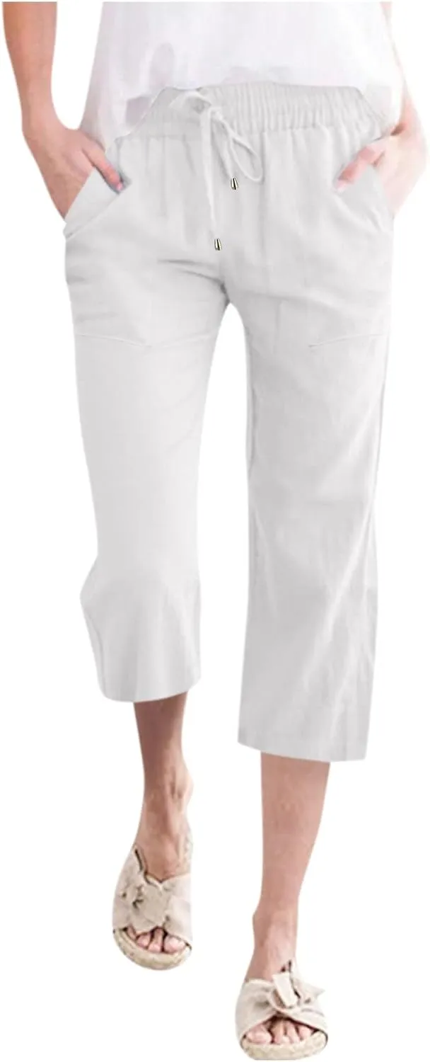 Capri Pants for Women Casual Summer Cotton Linen Pant Beach Trendy Straight Leg Cropped Trouser
