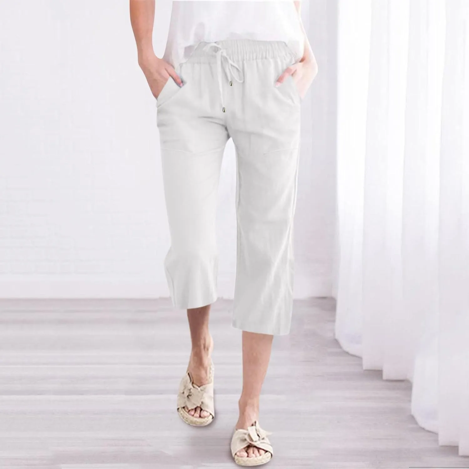 Capri Pants for Women Casual Summer Cotton Linen Pant Beach Trendy Straight Leg Cropped Trouser