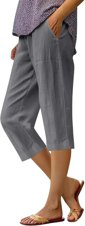 Capri Pants for Women Casual Summer Cotton Linen Pants Capris Elastic High Waist Pants Straight Leg Cropped Trouser