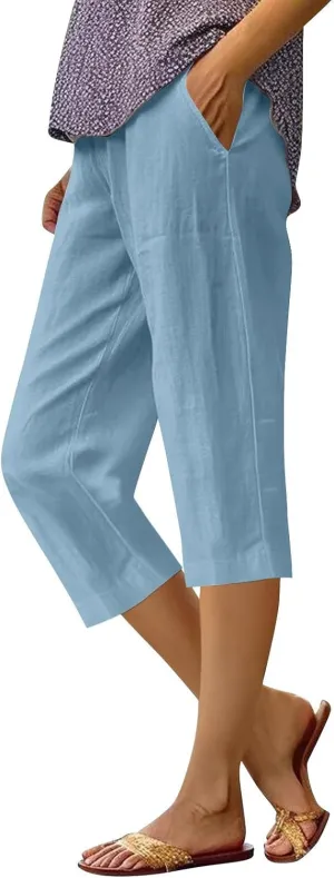 Capri Pants for Women Casual Summer Cotton Linen Pants Capris Elastic High Waist Pants Straight Leg Cropped Trouser