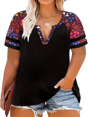 CARCOS Plus Size Tops for Women Short Sleeve Summer Pullover Color Block Crewneck/V Neck Tee Tunic Loose Fit Tshirts XL-5XL