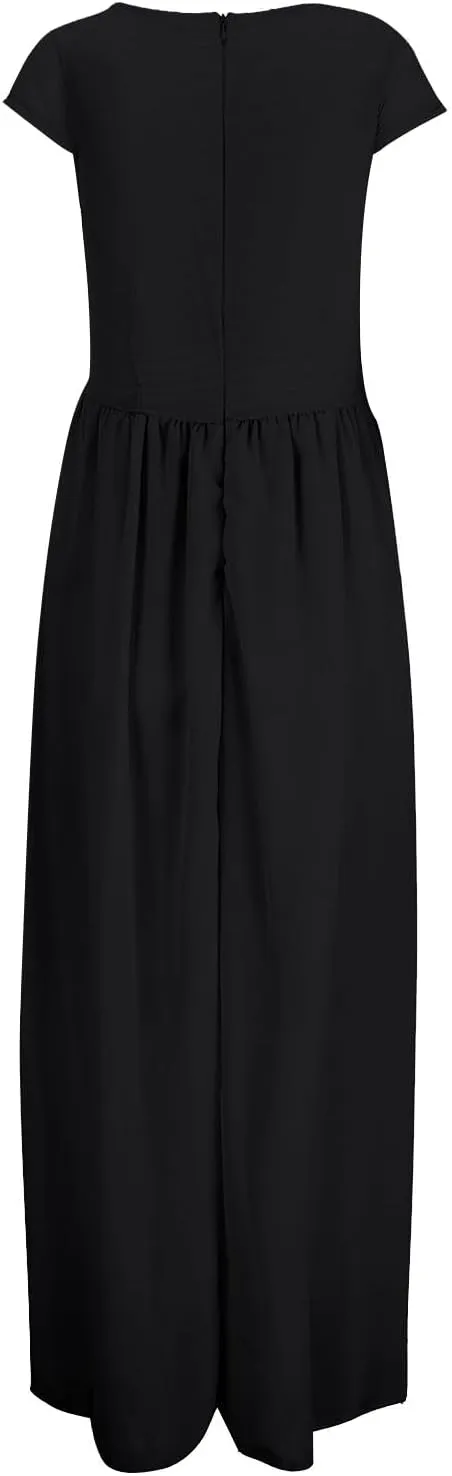 Casual Spring Dresses for Women 2025,Women's Chiffon Solid V Neck Short Sleeve Wedding Guest Dress Cocktail Maxi Dresses