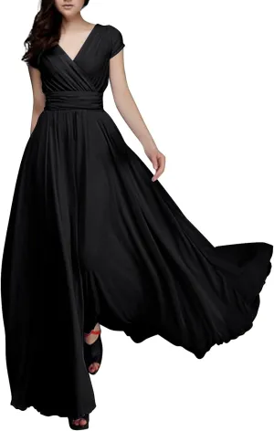 Casual Spring Dresses for Women 2025,Women's Chiffon Solid V Neck Short Sleeve Wedding Guest Dress Cocktail Maxi Dresses