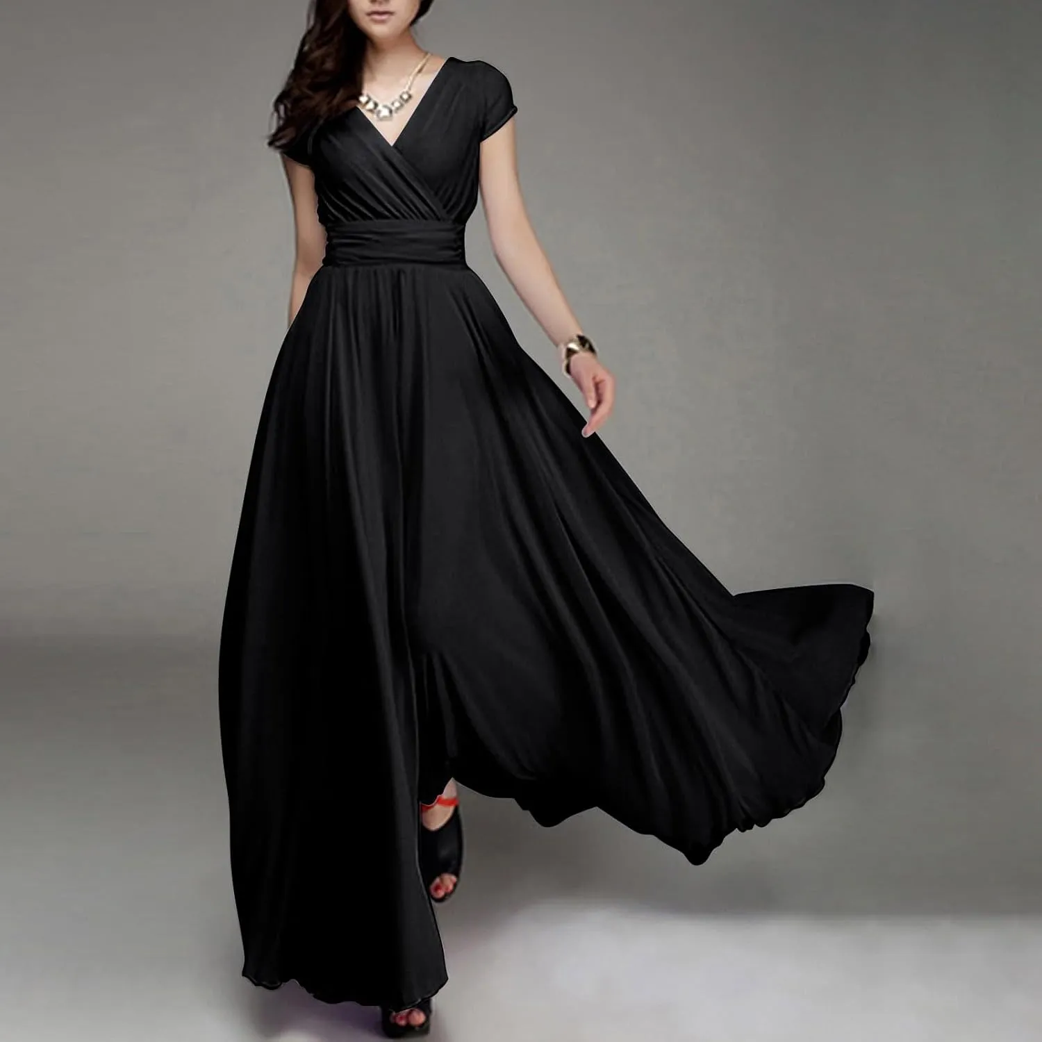 Casual Spring Dresses for Women 2025,Women's Chiffon Solid V Neck Short Sleeve Wedding Guest Dress Cocktail Maxi Dresses