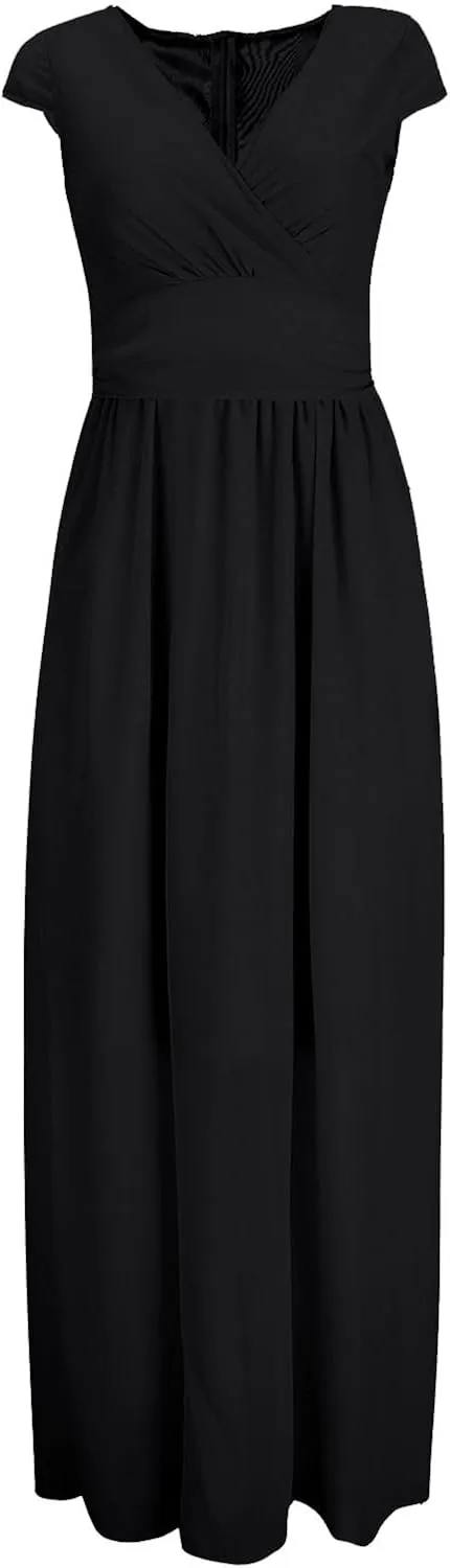 Casual Spring Dresses for Women 2025,Women's Chiffon Solid V Neck Short Sleeve Wedding Guest Dress Cocktail Maxi Dresses
