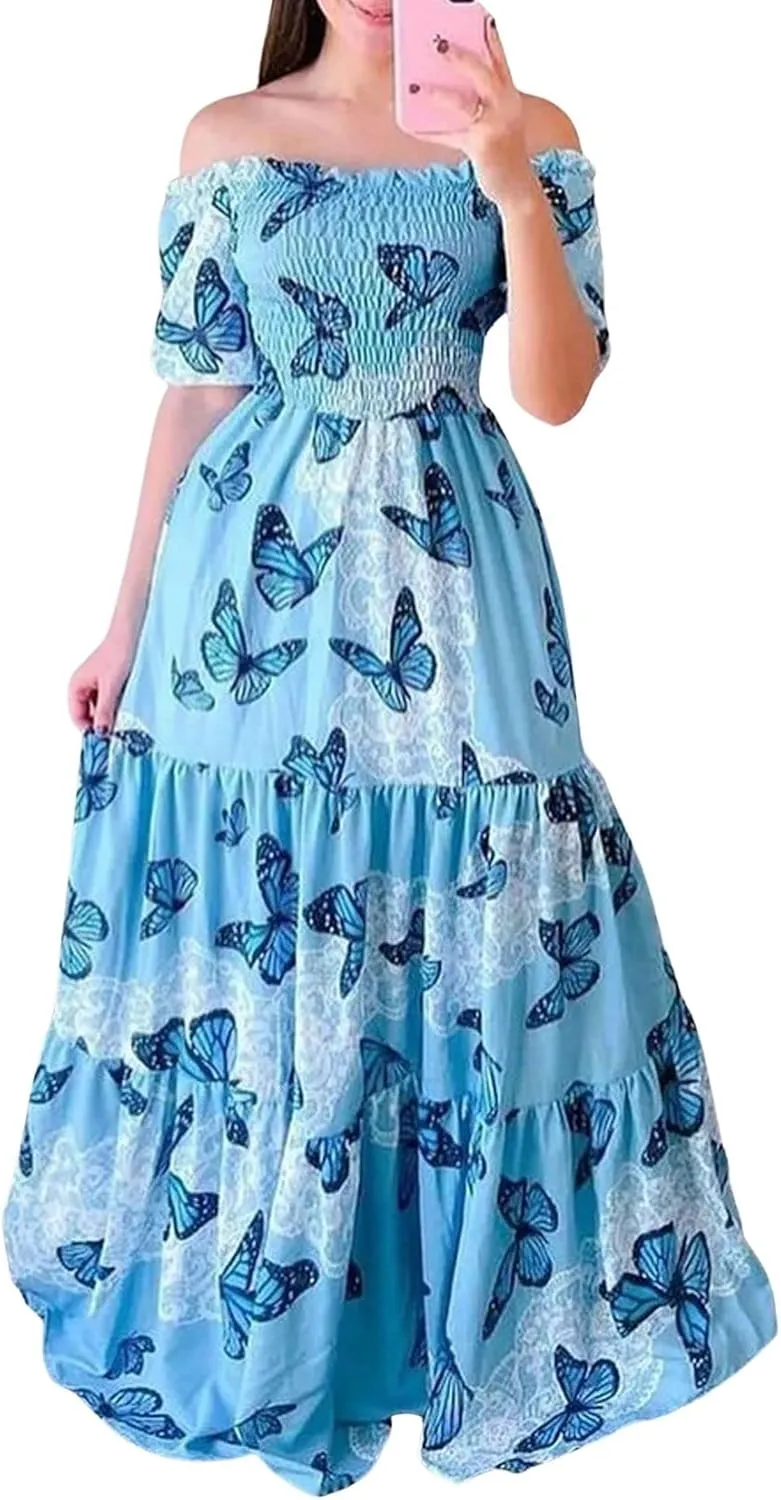 CHARTOU Women Off Shoulder Maxi Dress Pleated Smocked Floral Summer Dress Boho Beach Long Flowy Dress Print